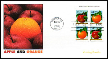 3494b / 34c Apples and Oranges Vending Booklet Pane of 4 Variation #1 Fleetwood 2001 FDC 3494b / 34c Apples and Oranges Vending Booklet Pane of 4 Variation #1 Fleetwood 2001 FDC