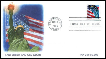 3980 / 39c Statue of Liberty and Flag Single From Coil of 3000 Feb 8, 2006 Fleetwood FDC 3980 / 39c Statue of Liberty and Flag Single From Coil of 3000 Feb 8, 2006 Fleetwood FDC