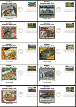 3510 - 3519 / 34c Legendary Baseball Playing Fields Set of 10 New York, NY Postmark 2001 Colorano Silk FDCs 3510 - 3519 / 34c Legendary Baseball Playing Fields Set of 10 New York, NY Postmark 2001 Colorano Silk FDCs