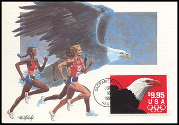 2541 / $9.95 Eagle and Olympic Rings Express Mail 1991 Fleetwood First Day of Issue Maximum Card 2541 / $9.95 Eagle and Olympic Rings Express Mail 1991 Fleetwood First Day of Issue Maximum Card