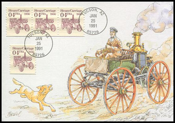 2451 / 4c Steam Carriage 1866 Coil Strip of 3 Transportation Series 1991 Fleetwood First Day of Issue Maximum Card 2451 / 4c Steam Carriage 1866 Coil Strip of 3 Transportation Series 1991 Fleetwood First Day of Issue Maximum Card