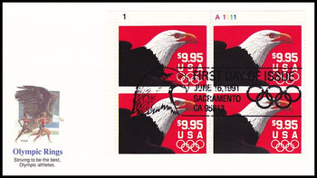 2541 / $9.95 Express Mail Eagle and Olympic Rings Domestic Rate Plate Block Top Left 1991 Fleetwood FDC 2541 / $9.95 Express Mail Eagle and Olympic Rings Domestic Rate Plate Block Top Left 1991 Fleetwood FDC
