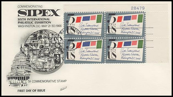 1310 / 5c Sipex Plate Block Upper Right 1966 Fleetwood FDC 1310 / 5c Sipex Plate Block Upper Right 1966 Fleetwood FDC