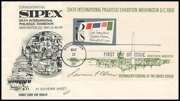1311 / 5c Sipex Souvenir Sheet Imperf 1966 Black Cachet Fleetwood FDC 1311 / 5c Sipex Souvenir Sheet Imperf 1966 Black Cachet Fleetwood FDC