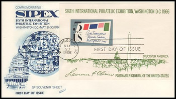 1311 / 5c Sipex Souvenir Sheet Imperf 1966 Blue Cachet Fleetwood FDC 1311 / 5c Sipex Souvenir Sheet Imperf 1966 Blue Cachet Fleetwood FDC
