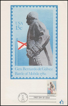 1826 / 15c General Bernardo de Galvez 1980 Andrews Cachet Maxi Card FDC 1826 / 15c General Bernardo de Galvez 1980 Andrews Cachet Maxi Card FDC