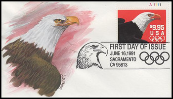2541 / $9.95 Express Mail Eagle and Olympic Rings Domestic Rate 1991 A. O. Henry Hand Painted FDC 2541 / $9.95 Express Mail Eagle and Olympic Rings Domestic Rate 1991 A. O. Henry Hand Painted FDC