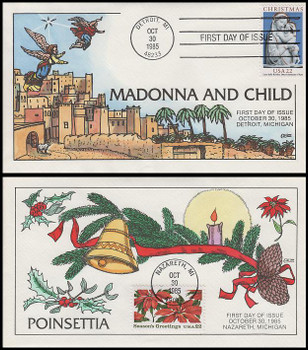 2165 - 2166 / Christmas Religious and Poinsettia Set of 2 Collins Hand-Painted 1985 First Day Covers 2165 - 2166 / Christmas Religious and Poinsettia Set of 2 Collins Hand-Painted 1985 First Day Covers
