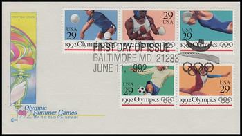 2637 - 41 / 29c Summer Olympics Strip of 3 and 2 Cover Craft Cachet 1992 FDC With Insert Card 2637 - 41 / 29c Summer Olympics Strip of 3 and 2 Cover Craft Cachet 1992 FDC With Insert Card