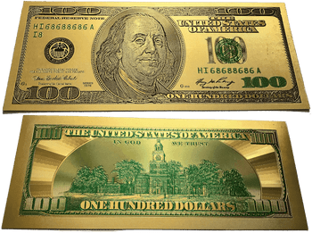 $100 Benjamin Franklin Colorized Gold Foil Polymer Replica Banknote Series 1976 $100 Benjamin Franklin Colorized Gold Foil Polymer Replica Banknote Series 1976