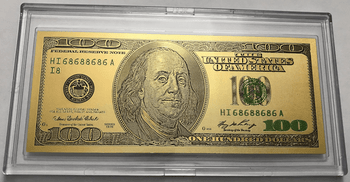 $100 Benjamin Franklin Colorized Gold Foil Polymer Replica Banknote Series 1976 In Currency Slab $100 Benjamin Franklin Colorized Gold Foil Polymer Replica Banknote Series 1976 In Currency Slab