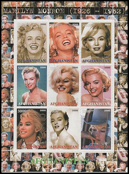 5000 AFG Marilyn Monroe Afghanistan 2000 CTO 9 Stamp Se-Tenant Sheet 5000 AFG Marilyn Monroe Afghanistan 2000 CTO 9 Stamp Se-Tenant Sheet