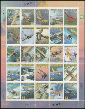 617 / 32c World's Legendary Biplanes 1996 Marshall Islands 25 Stamp Se-Tenant Sheet 617 / 32c World's Legendary Biplanes 1996 Marshall Islands 25 Stamp Se-Tenant Sheet