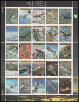 600 / 32c World's Legendary Jet Fighters 1995 Marshall Islands 25 Stamp Se-Tenant Sheet 600 / 32c World's Legendary Jet Fighters 1995 Marshall Islands 25 Stamp Se-Tenant Sheet