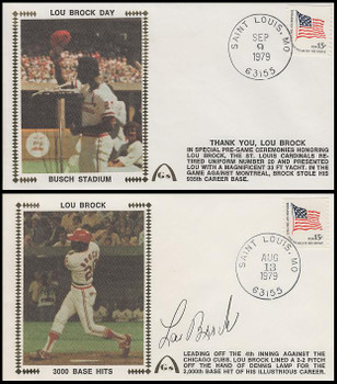 Lou Brock 3000th Base Hit Set of 2 with Autograph Gateway Stamp Silk Cachet Event Covers Lou Brock 3000th Base Hit Set of 2 with Autograph Gateway Stamp Silk Cachet Event Covers