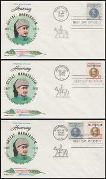 1165 - 66 / 4c Gustaf Mannerheim : Champions of Liberty Series Set of 3 Fluegel 1960 FDCs 1165 - 66 / 4c Gustaf Mannerheim : Champions of Liberty Series Set of 3 Fluegel 1960 FDCs