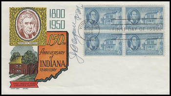 996 / 3c Indiana Territory Block of 4 Signed By Postmaster 1950 Cachet Craft / Ken Boll FDC 996 / 3c Indiana Territory Block of 4 Signed By Postmaster 1950 Cachet Craft / Ken Boll FDC