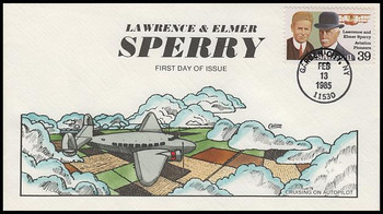 C114 / 39c Lawrence and Elmer Sperry : Aviation Pioneers Series Airmail 1985 Collins Hand-Painted FDC C114 / 39c Lawrence and Elmer Sperry : Aviation Pioneers Series Airmail 1985 Collins Hand-Painted FDC