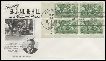 1023 / 3c Sagamore Hill Plate BLock Fleetwood 1953 First Day Cover 1023 / 3c Sagamore Hill Plate BLock Fleetwood 1953 First Day Cover