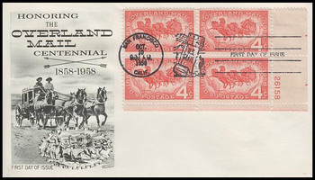 1120 / 4c Overland Mail Plate Block Fleetwood 1958 First Day Cover 1120 / 4c Overland Mail Plate Block Fleetwood 1958 First Day Cover