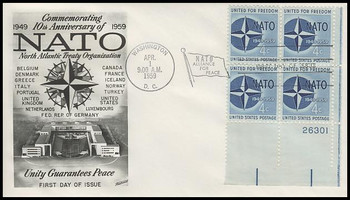 1127 / 4c NATO Plate Block Fleetwood 1959 First Day Cover 1127 / 4c NATO Plate Block Fleetwood 1959 First Day Cover
