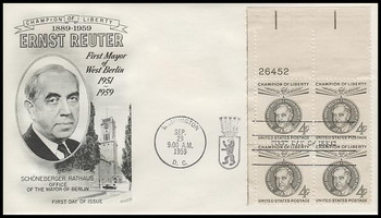 1136 / 4c Ernst Reuter : Champions of Liberty Plate Block 1959 Fleetwood FDC 1136 / 4c Ernst Reuter : Champions of Liberty Plate Block 1959 Fleetwood FDC
