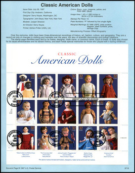 3151 / 32c Classic American Dolls Pane of 15 : 1997 USPS #9719 Souvenir Page 3151 / 32c Classic American Dolls Pane of 15 : 1997 USPS #9719 Souvenir Page