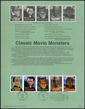 3168 - 3172 / 32c Classic Movie Monsters Se-Tenant Strip of 5 : 1997 USPS #9727 Souvenir Page 3168 - 3172 / 32c Classic Movie Monsters Se-Tenant Strip of 5 : 1997 USPS #9727 Souvenir Page