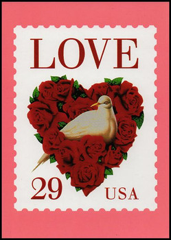1994 Dove in Rose Heart Love Stamp Collectible Postcard Pink Border 1994 Dove in Rose Heart Love Stamp Collectible Postcard Pink Border