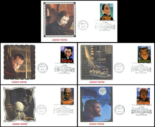 3168 - 3172 / 32c Classic Movie Monsters Set of 5 Fleetwood 1997 FDCs 3168 - 3172 / 32c Classic Movie Monsters Set of 5 Fleetwood 1997 FDCs