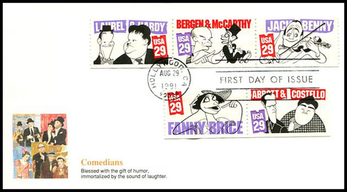 2562 - 2566 / 29c Comedians Strip of 3 and 2 From Booklet 1991 Fleetwood First Day Cover 2562 - 2566 / 29c Comedians Strip of 3 and 2 From Booklet 1991 Fleetwood First Day Cover