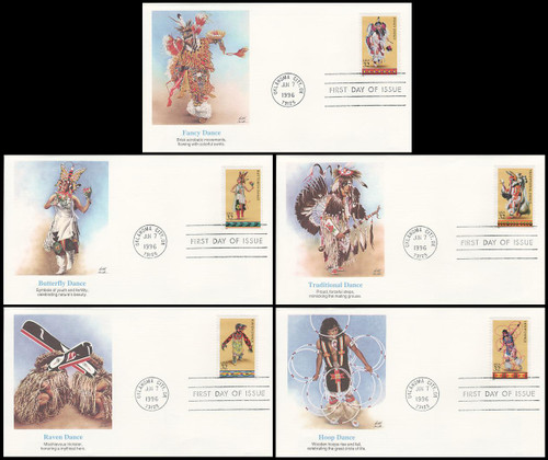 3072 - 3076 / 32c Native American Indian Dances Set of 5 Fleetwood 1996 FDCs 3072 - 3076 / 32c Native American Indian Dances Set of 5 Fleetwood 1996 FDCs
