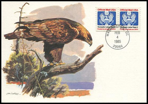 O139 / D Rate (22c) Official Mail Eagle Coil Pair 1985 Fleetwood First Day of Issue Maximum Card O139 / D Rate (22c) Official Mail Eagle Coil Pair 1985 Fleetwood First Day of Issue Maximum Card