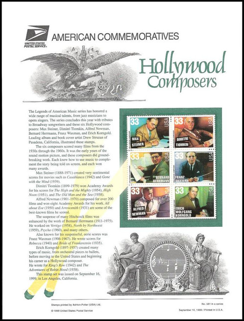 3339 - 3344 / 33c Hollywood Composers 1999 USPS American Commemorative Panel Sealed #581 3339 - 3344 / 33c Hollywood Composers 1999 USPS American Commemorative Panel Sealed #581