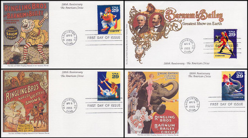 2750 - 2753 / 29c Circus Set of 4 Mystic 1993 First Day Covers 2750 - 2753 / 29c Circus Set of 4 Mystic 1993 First Day Covers