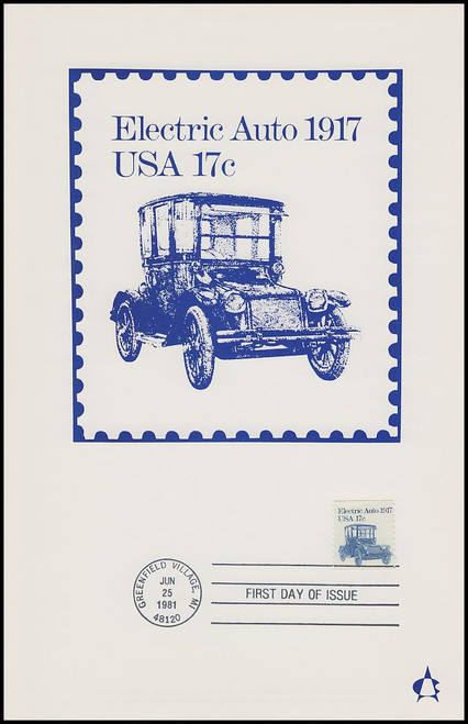 1906 / 17c Electric Auto : Transportation Series 1981 Andrews Cachet Maxi Card FDC 1906 / 17c Electric Auto : Transportation Series 1981 Andrews Cachet Maxi Card FDC