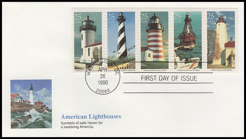 2474a / 25c Lighthouses Se-Tenant Booklet Strip of 5 Fleetwood 1990 First Day Cover 2474a / 25c Lighthouses Se-Tenant Booklet Strip of 5 Fleetwood 1990 First Day Cover