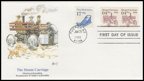2451 / 4c Steam Carriage 1866 Coil Pair : Transportation Series 1991 Fleetwood First Day Cover 2451 / 4c Steam Carriage 1866 Coil Pair : Transportation Series 1991 Fleetwood First Day Cover