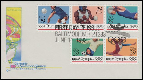 2637 - 41 / 29c Summer Olympics Strip of 3 and 2 Cover Craft Cachet 1992 FDC With Insert Card 2637 - 41 / 29c Summer Olympics Strip of 3 and 2 Cover Craft Cachet 1992 FDC With Insert Card