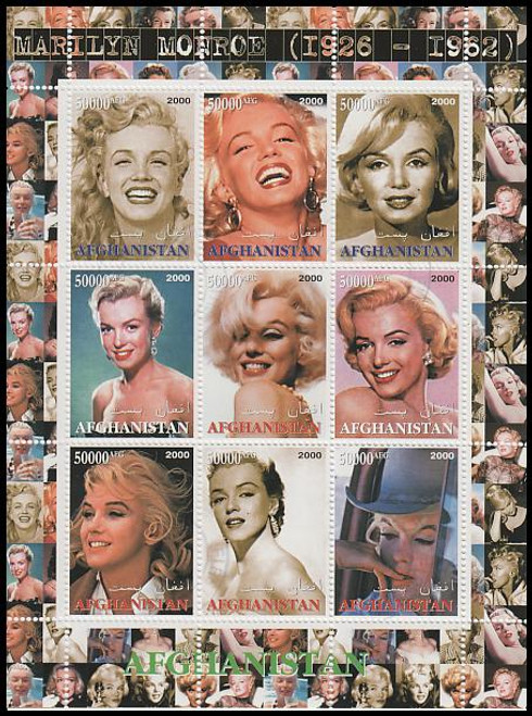5000 AFG Marilyn Monroe Afghanistan 2000 CTO 9 Stamp Se-Tenant Sheet 5000 AFG Marilyn Monroe Afghanistan 2000 CTO 9 Stamp Se-Tenant Sheet