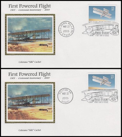 3783a / 37c First Powered Flight - Wright Brothers Set of 2 Colorano Silk 2003 First Day Covers 3783a / 37c First Powered Flight - Wright Brothers Set of 2 Colorano Silk 2003 First Day Covers