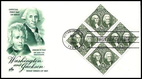 2592 / $5 1869 Essay : Washington and Jackson Block of 4 Artcraft 1994 FDC 2592 / $5 1869 Essay : Washington and Jackson Block of 4 Artcraft 1994 FDC