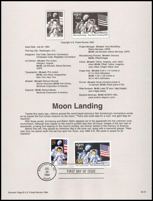 2841a - 42 / 29c & $9.95 Moon Landing Express Mail 1994 USPS #94-21 Souvenir Page 2841a - 42 / 29c & $9.95 Moon Landing Express Mail 1994 USPS #94-21 Souvenir Page