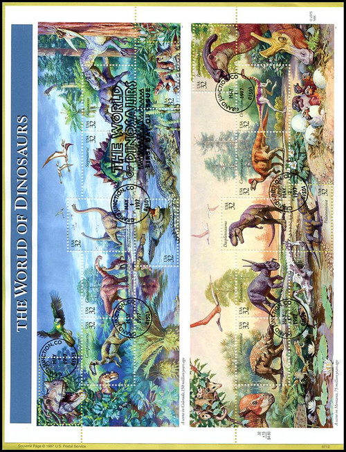 3136 / 32c World of Dinosaurs Pane of 15 : 1997 USPS #9712 Souvenir Page 3136 / 32c World of Dinosaurs Pane of 15 : 1997 USPS #9712 Souvenir Page