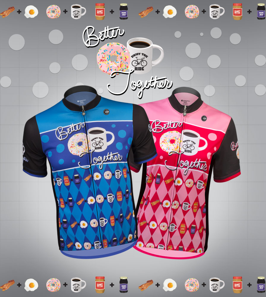 his and hers matching bike jersey for tandem riders blue and pink man and woman