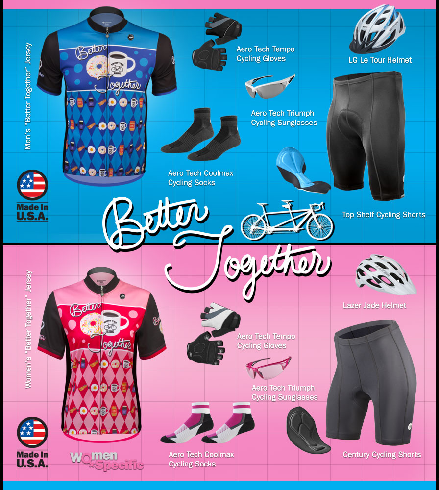 gear for tandem bike riders kits for tandem bikers his and her matching jersey and bike riding kits pink and blue jerseys that are made for men and women