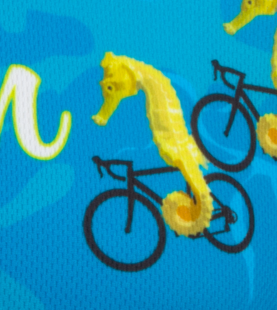 tandem bicycle jerseys with seahorses and fish on bikes