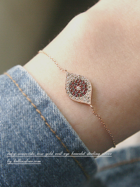 Pave Ruby Swarovski Evil Eye Bracelet Rose Gold Kellinsilver