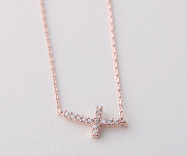 Rose Gold Swarovski Curved Sideways Cross Necklace Sterling Silver