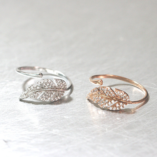 Rose Gold CZ Olive Leaf Bypass Ring Sterling Silver